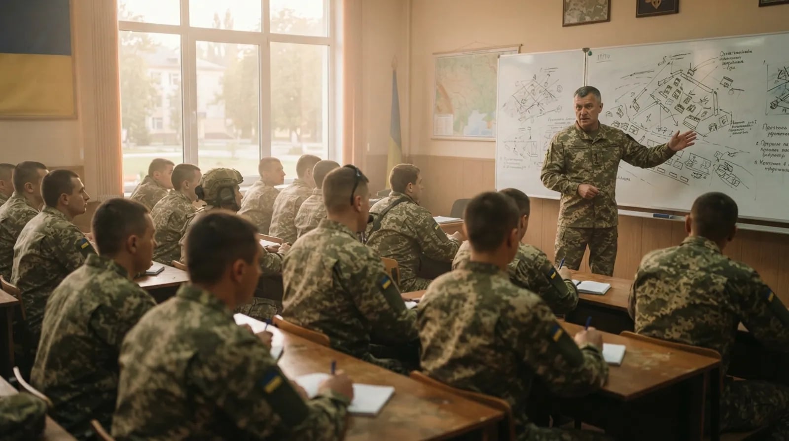 Викладач біля дошки з тактичними схемами перед курсантами в аудиторії