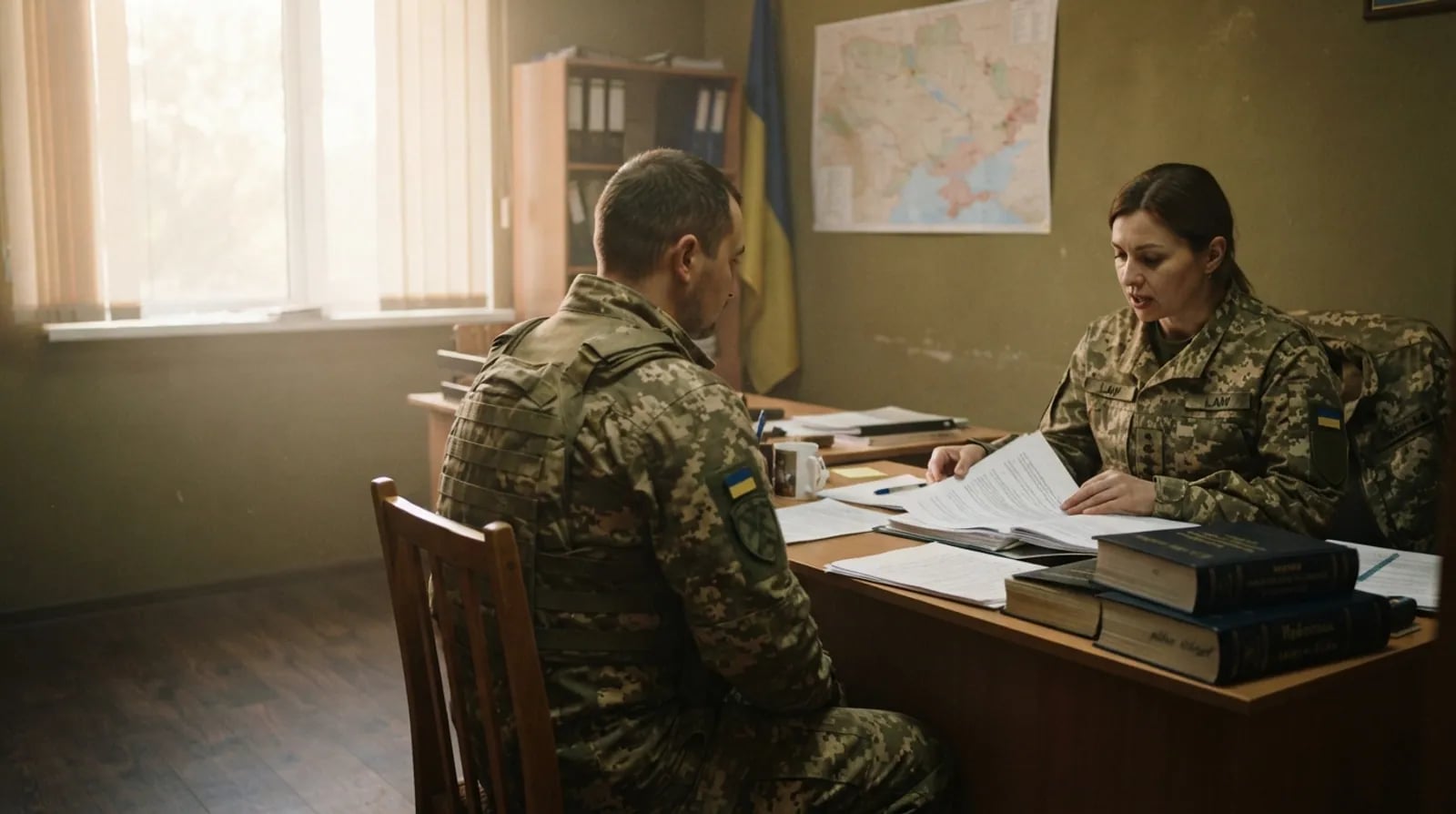 Військовий юрист консультує бійця за столом із кодексами та документами