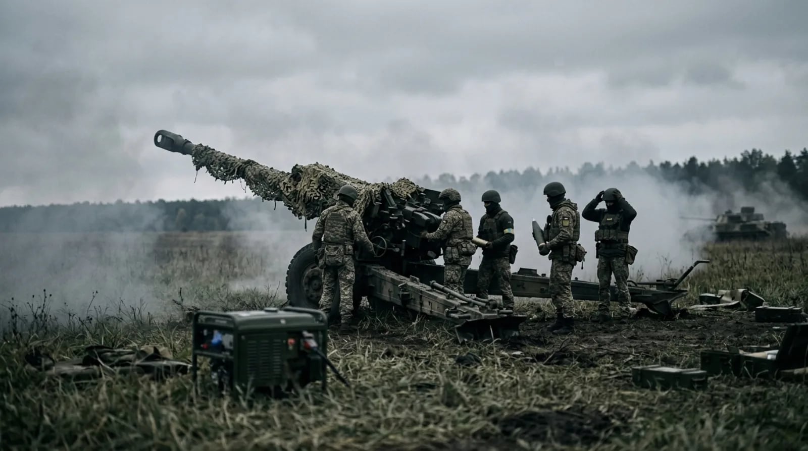Розрахунок біля гаубиці в полі у димці