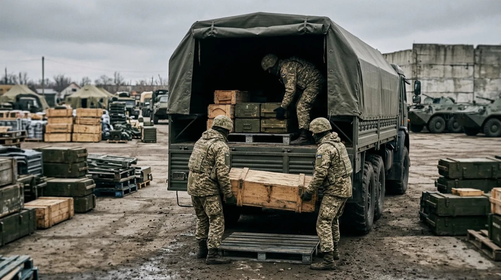Завантаження ящиків у військову вантажівку на складі