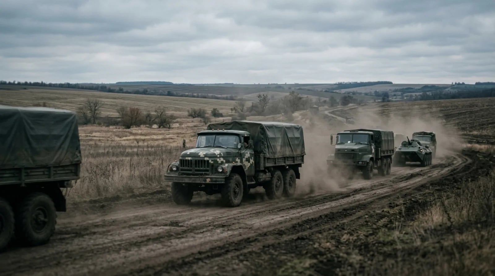 Колона військових вантажівок на польовій дорозі