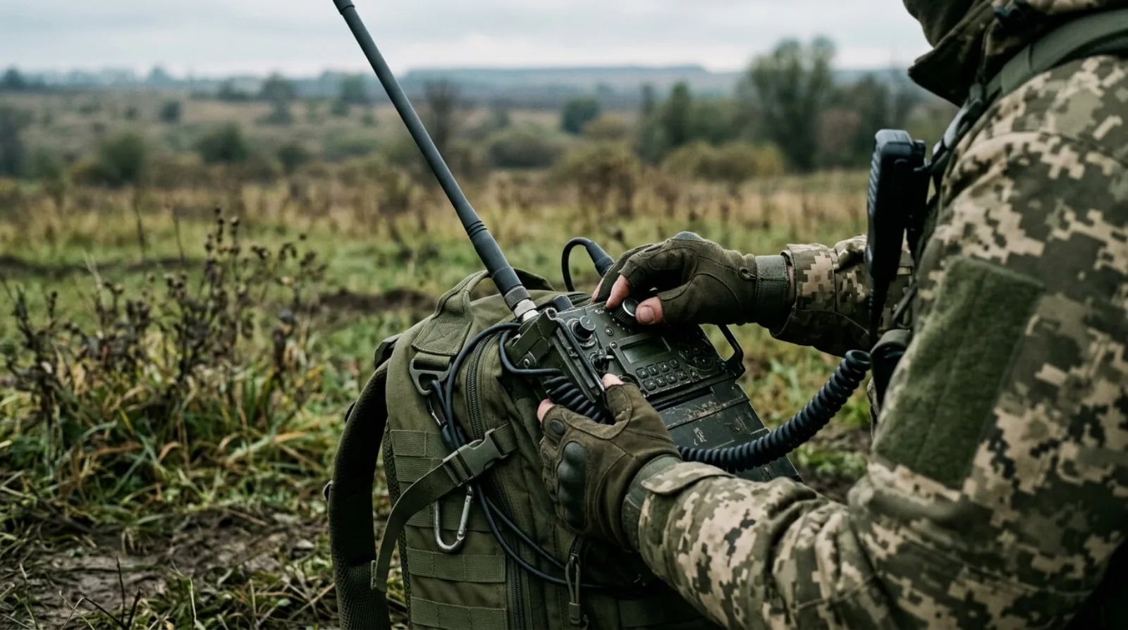 Руки зв'язківця на польовій радіостанції з антеною