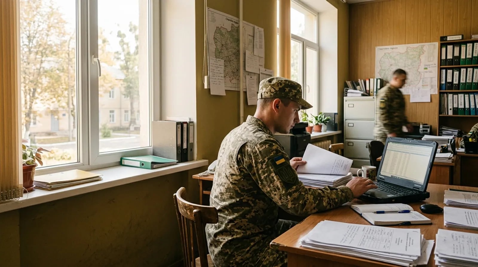 Військовий за польовим столом переглядає документи й працює за ноутбуком