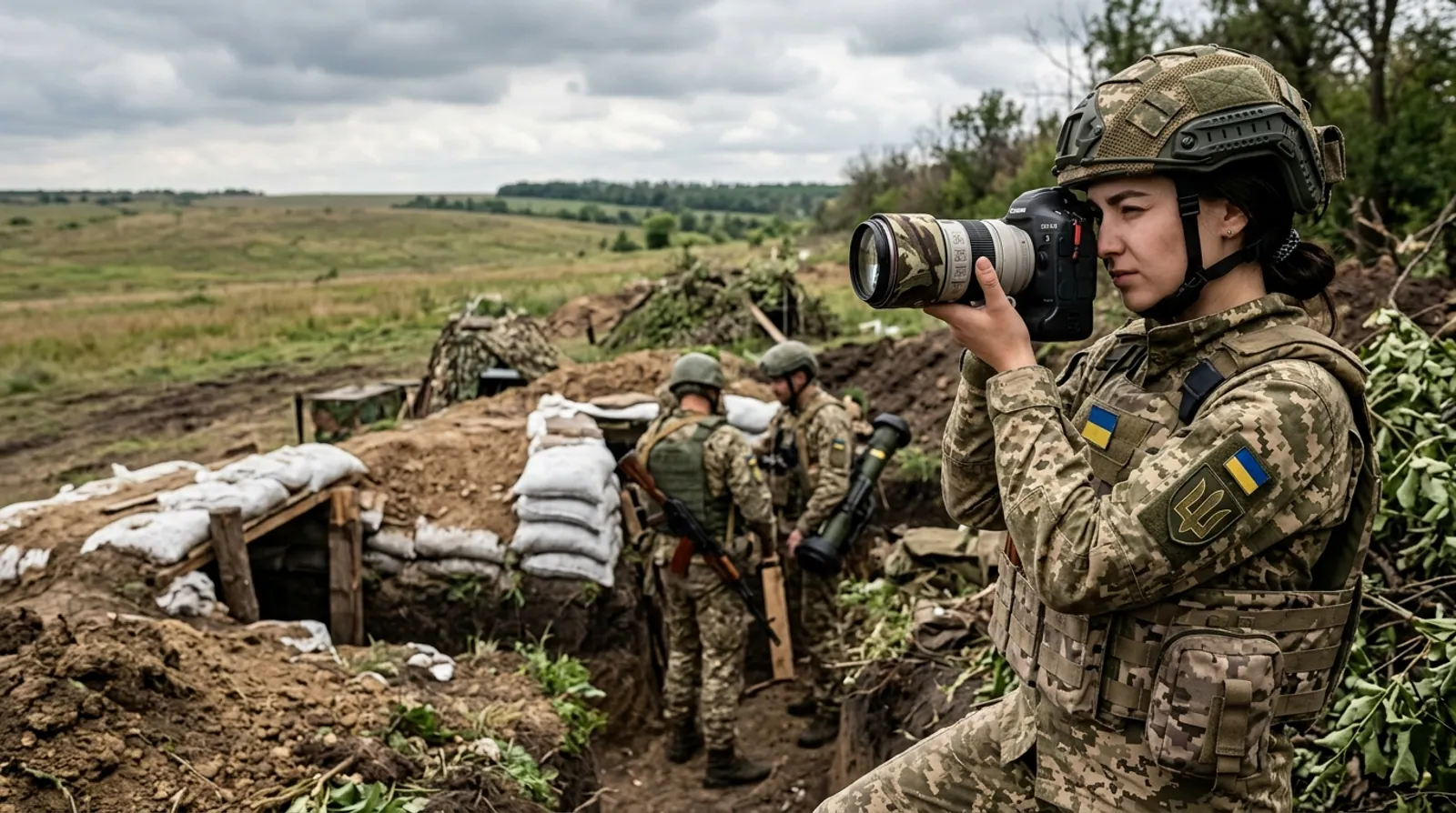 Жінка-медіа-фахівець з камерою знімає на позиції