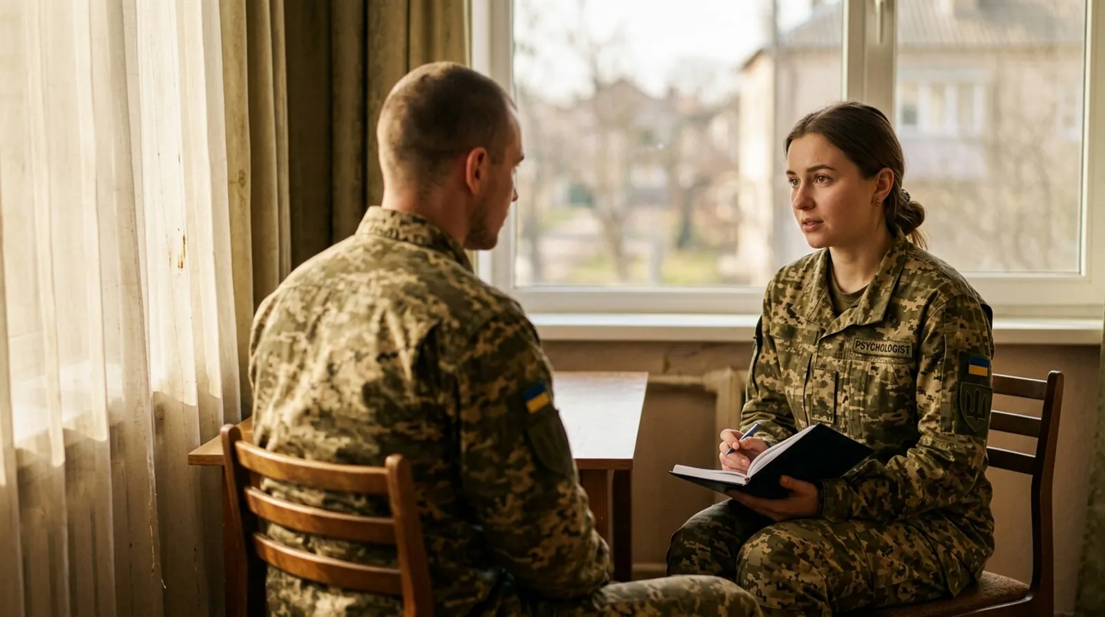 Жінка-психолог розмовляє з військовим у тихій кімнаті