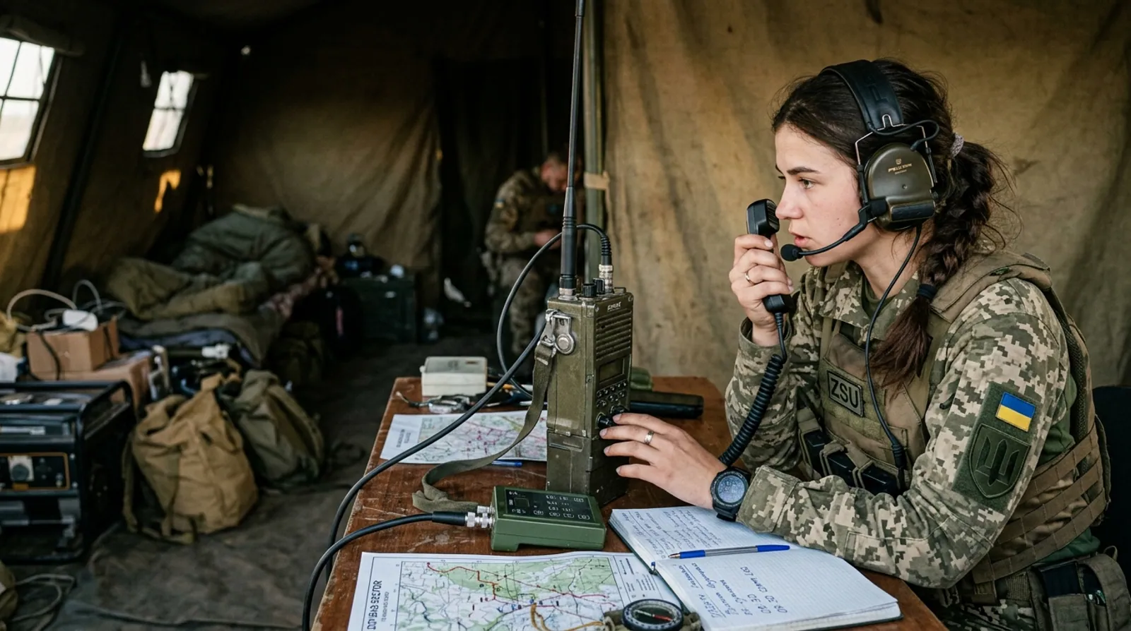 Жінка-звʼязківець за радіостанцією на командному пункті