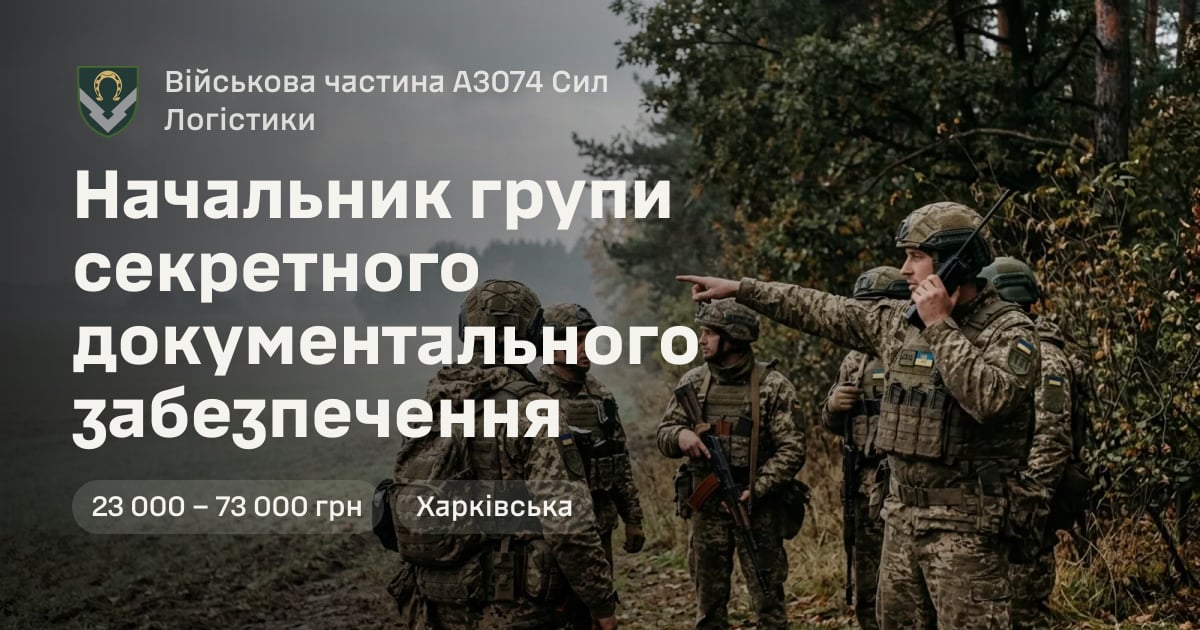 Начальник групи секретного документального забезпечення — Військова частина А3074 Сил Логістики