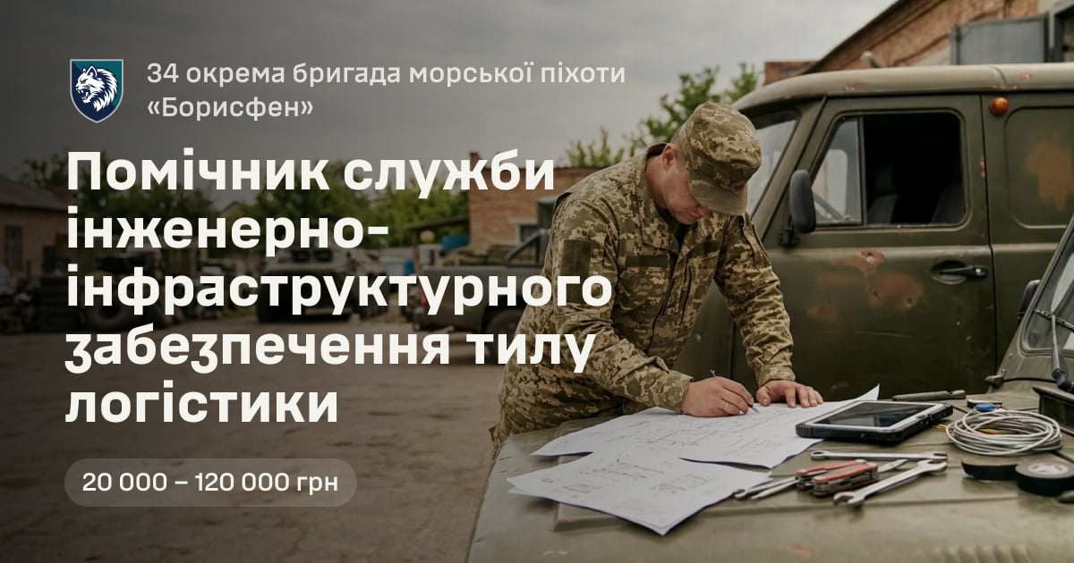 Помічник служби інженерно-інфраструктурного забезпечення тилу логістики — 34 окрема бригада морської піхоти «Борисфен»