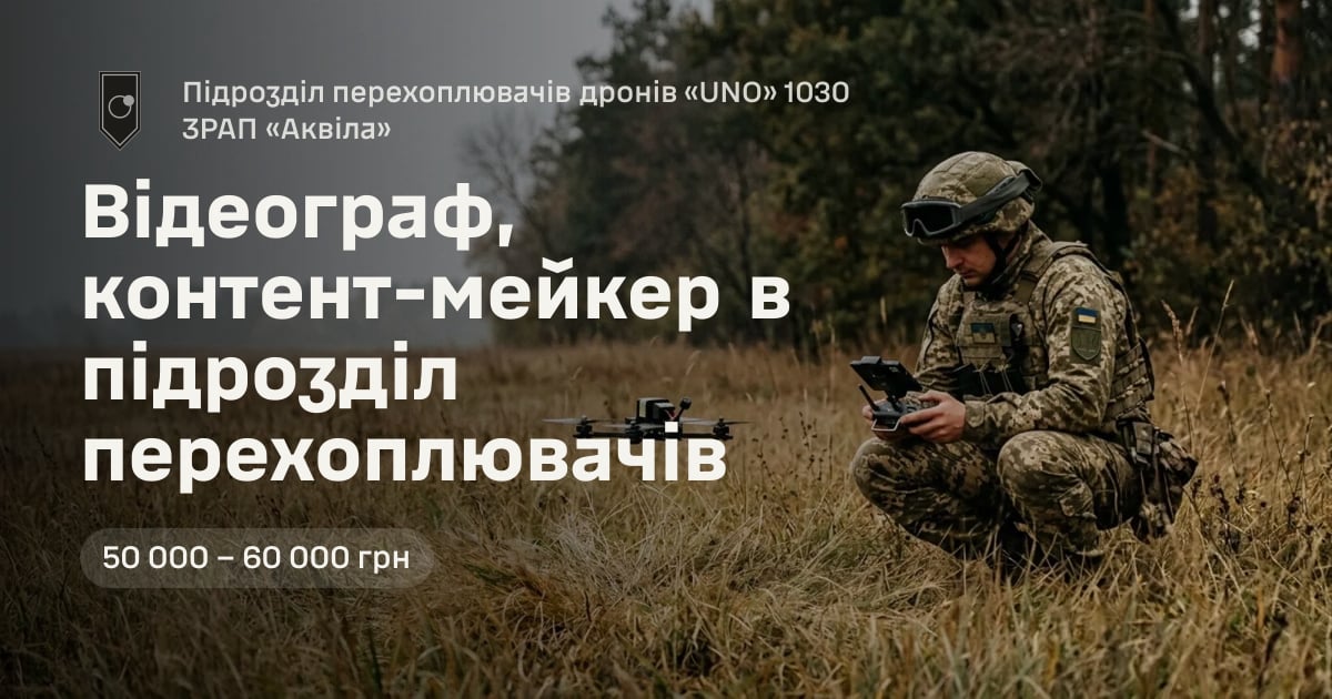 Відеограф, контент-мейкер в підрозділ перехоплювачів — Підрозділ перехоплювачів дронів «UNO» 1030 ЗРАП «Аквіла»