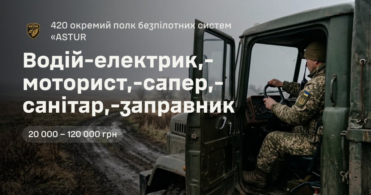 Водій-електрик,-моторист,-сапер,-санітар,-заправник — 420 окремий полк безпілотних систем «ASTUR