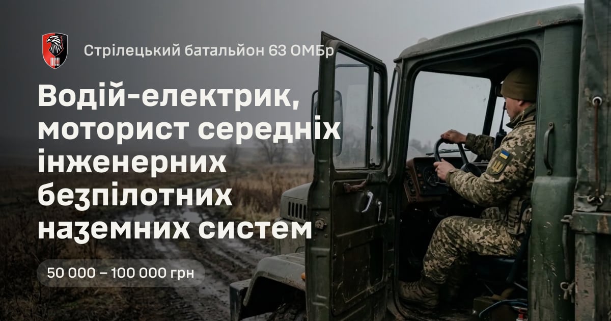 Водій-електрик, моторист середніх інженерних безпілотних наземних систем — Стрілецький батальйон 63 ОМБр